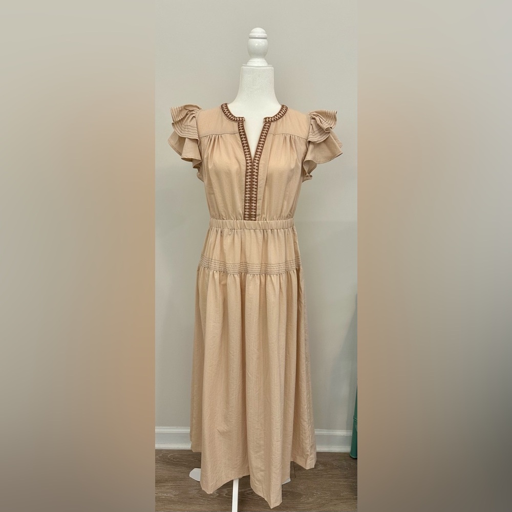 Umgee Beige Midi Dress with Ruffle Sleeves